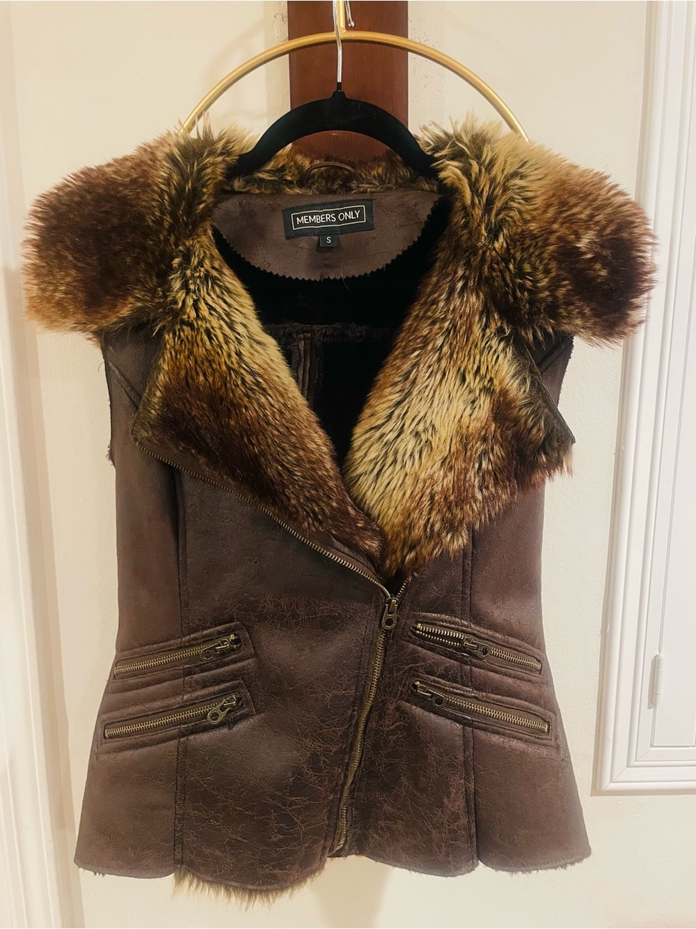 Members Only Brown Faux-Fur Collar Sleeveless Vest
